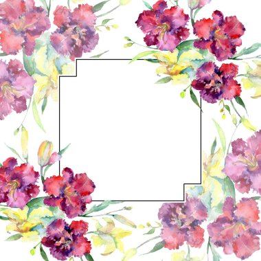 Sarı ve kahverengi lilyum çiçek buketi. Suluboya arka plan illüstrasyon küme. Çerçeve kenarlığı süsleme Meydanı.