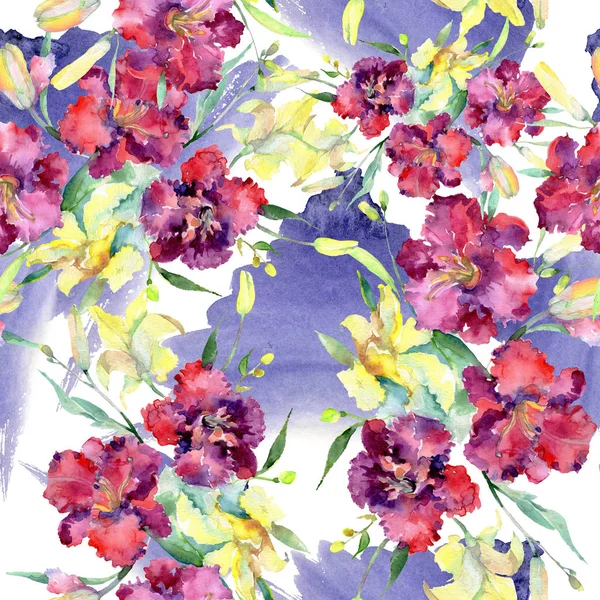 Buquê de amarelo e maroon lírios flor. Conjunto de ilustração de fundo aquarela. Padrão de fundo sem costura . — Fotografia de Stock