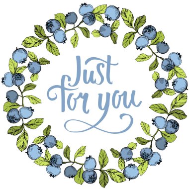Vektör Blueberry mavi ve yeşil mürekkep sanat kazınmış. Çilek ve yeşil yaprakları. Çerçeve kenarlığı süsleme Meydanı.
