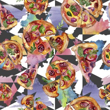 Fast food itallian pizza izole bir suluboya tarzında ayarlayın. Suluboya sorunsuz arka plan deseni.