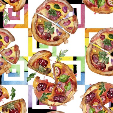 Fast food itallian pizza izole bir suluboya tarzında ayarlayın. Suluboya sorunsuz arka plan deseni.