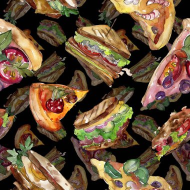 Fast food itallian pizza izole bir suluboya tarzında ayarlayın. Suluboya sorunsuz arka plan deseni.