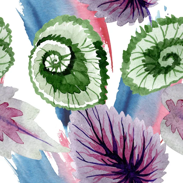 Begonia hojas verdes y moradas. Conjunto de ilustración de fondo acuarela. Patrón de fondo sin costuras . — Foto de Stock