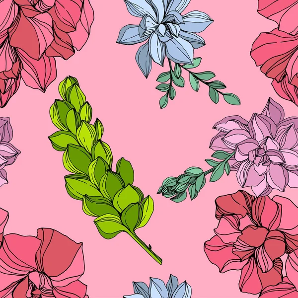 Flor suculenta botánica de la selva vectorial. Ilustración de arte de tinta grabada. Patrón de fondo sin costuras . — Vector de stock