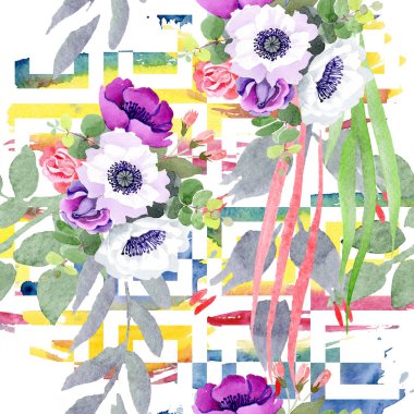 Mor gül buket çiçek botanik çiçekler. Suluboya arka plan illüstrasyon küme. Sorunsuz arka plan deseni.