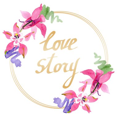 Kırmızı aquilegia botanik çiçek. Suluboya arka plan illüstrasyon küme. Çerçeve kenarlığı süsleme Meydanı.