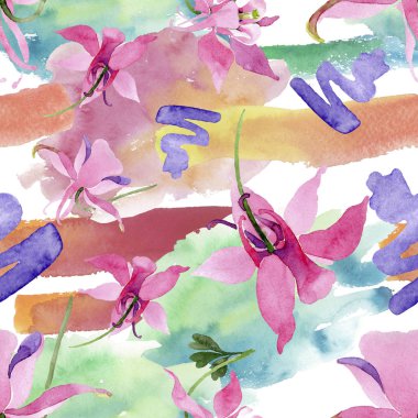 Kırmızı aquilegia botanik çiçek. Suluboya arka plan illüstrasyon küme. Sorunsuz arka plan deseni.