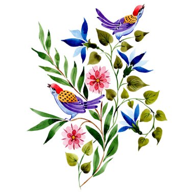 Buket kuş ile. Botanik çiçek çiçekler. Suluboya arka plan ayarlamak. İzole buket illüstrasyon öğesi.