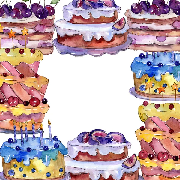 Νόστιμο κέικ με φρούτα σε στυλ υδροχρώματος απομονωμένη. Ορίστε το φόντο γλυκό επιδόρπιο. Πλαίσιο συνόρων στολίδι τετράγωνο. — Φωτογραφία Αρχείου