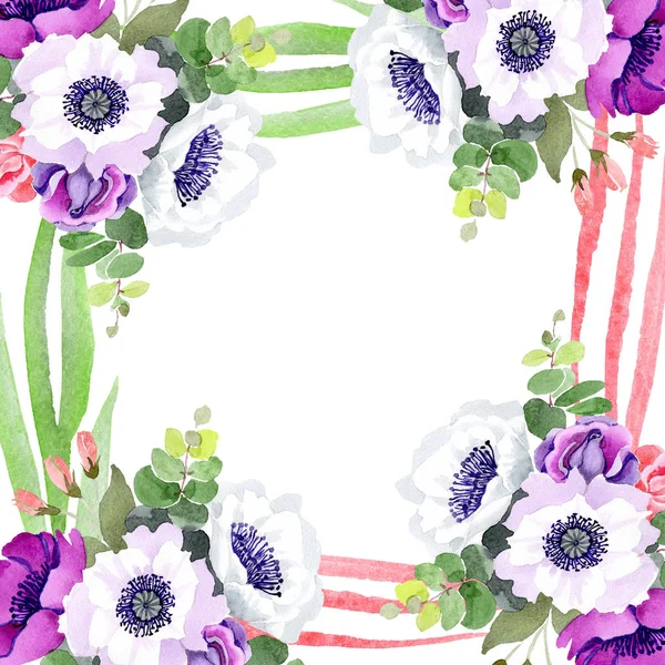 Rosa viola bouquet fiori botanici floreali. Acquerello sfondo illustrazione set. Quadrato ornamento bordo cornice . — Foto Stock