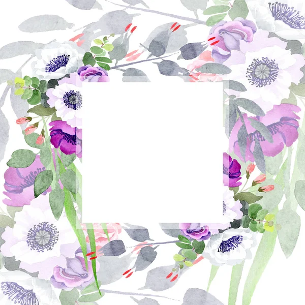 Roxo rosa buquê flores botânicas florais. Conjunto de ilustração de fundo aquarela. Quadro borda ornamento quadrado . — Fotografia de Stock