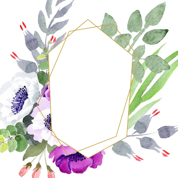 紫のバラの花束花植物の花。水彩画背景イラスト セット。フレーム枠飾りスクエア. — ストック写真