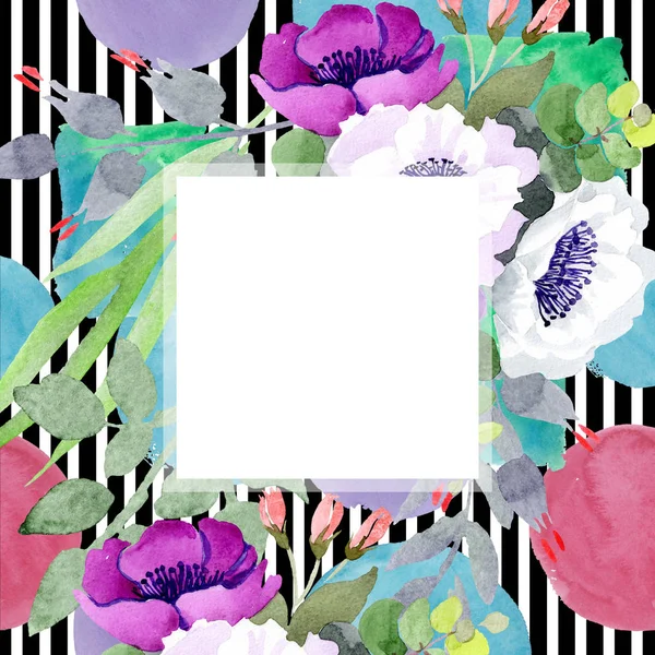 Rosa viola bouquet fiori botanici floreali. Acquerello sfondo illustrazione set. Quadrato ornamento bordo cornice . — Foto Stock