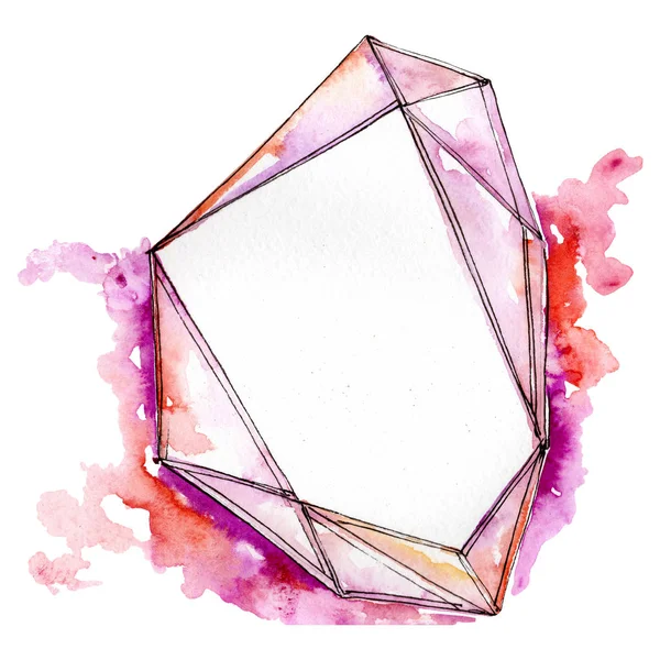 Pink diamond rock jewelry mineral isolated. Geometric polygon crystal stone. Watercolor background illustration set. — Stock Photo, Image