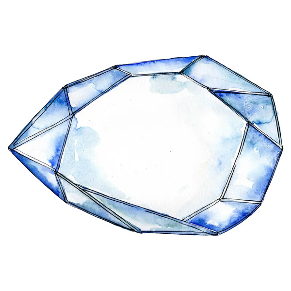 Blue diamond rock jewelry mineral isolated. Geometric polygon crystal stone. Watercolor background illustration set. — Stock Photo, Image