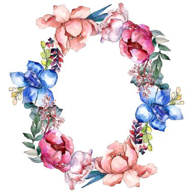 Şakayık buketleri botanik çiçek. Suluboya arka plan illüstrasyon küme. Çerçeve kenarlığı süsleme Meydanı.