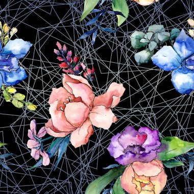 Şakayık buketleri botanik çiçek. Suluboya arka plan illüstrasyon küme. Sorunsuz arka plan deseni.