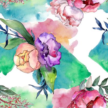 Şakayık buketleri botanik çiçek. Suluboya arka plan illüstrasyon küme. Sorunsuz arka plan deseni.