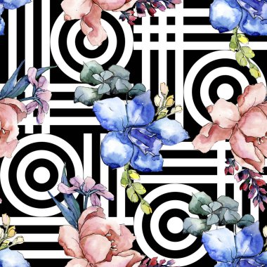 Şakayık buketleri botanik çiçek. Suluboya arka plan illüstrasyon küme. Sorunsuz arka plan deseni.