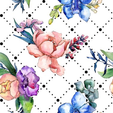 Şakayık buketleri botanik çiçek. Suluboya arka plan illüstrasyon küme. Sorunsuz arka plan deseni.