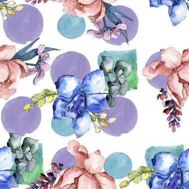 Şakayık buketleri botanik çiçek. Suluboya arka plan illüstrasyon küme. Sorunsuz arka plan deseni.