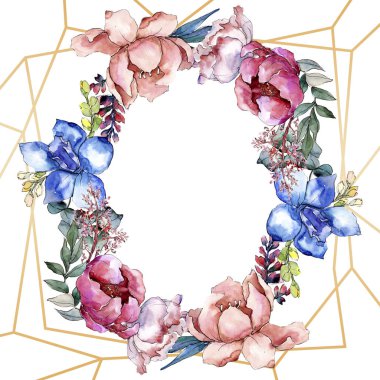 Şakayık buketleri botanik çiçek. Suluboya arka plan illüstrasyon küme. Çerçeve kenarlığı kristal süsleme Meydanı.