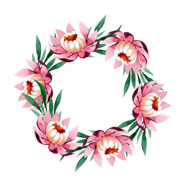 Pembe lotus süsleme botanik çiçek. Suluboya arka plan illüstrasyon küme. Çerçeve kenarlığı süsleme Meydanı.