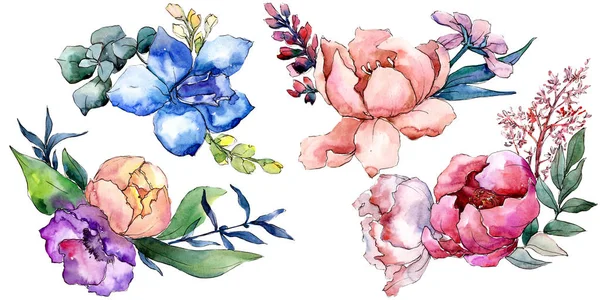シャクヤクの花束花植物花。水彩画背景セット。孤立した花束の図要素. — ストック写真