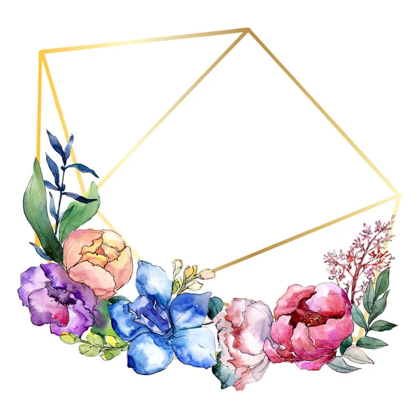 Pfingstrosen Blumensträuße botanische Blume. Aquarell Hintergrundillustration Set. Rahmen Rand Kristall Ornament Quadrat. — Stockfoto