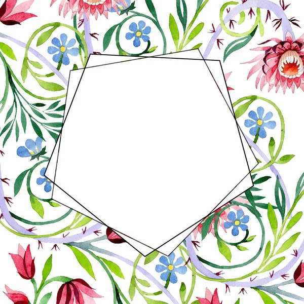 Ροζ στολίδι floral βοτανικό λωτό. Ακουαρέλα φόντο εικόνα σύνολο. Πλαίσιο συνόρων στολίδι τετράγωνο. — Φωτογραφία Αρχείου
