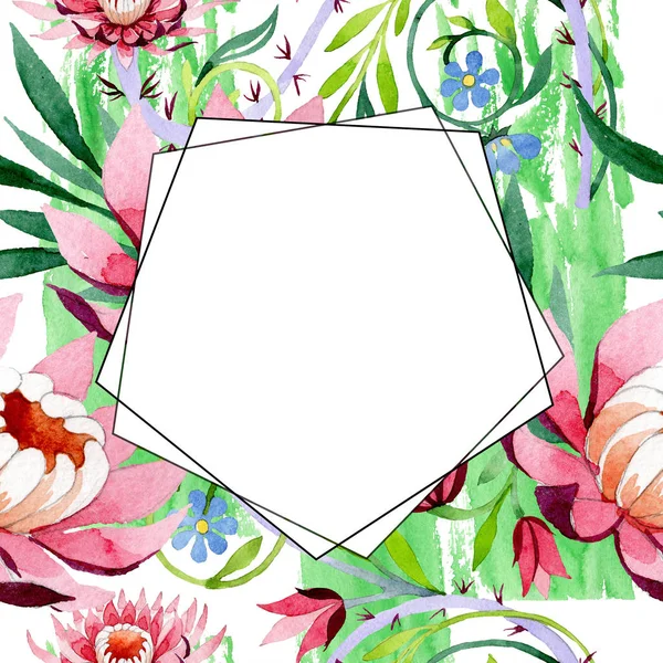 Adorno de loto rosa flor botánica floral. Conjunto de ilustración de fondo acuarela. Marco borde ornamento cuadrado . — Foto de Stock