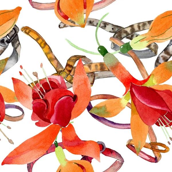 Röd orange fuchsia blommig botaniska blomma. Akvarell bakgrund illustration set. Sömlös bakgrundsmönster. — Stockfoto