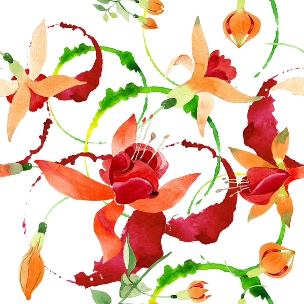 Fleur botanique florale fuchsia orange rouge. Ensemble d'illustration de fond aquarelle. Modèle de fond sans couture . — Photo