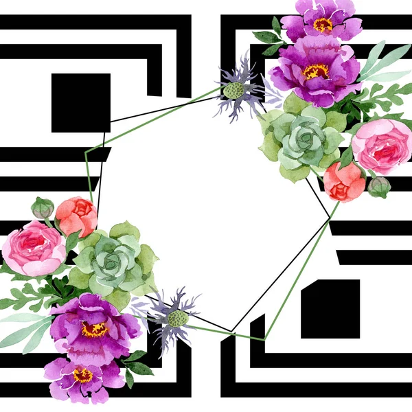 모란과 succulent 꽃다발 식물 꽃입니다. 수채화 배경 그림 설정 합니다. 프레임 테두리 장식 스퀘어. — 스톡 사진