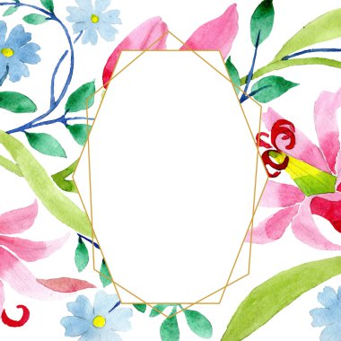 Pembe ve mavi çiçek botanik çiçek süsleme. Suluboya arka plan illüstrasyon küme. Çerçeve kenarlığı süsleme Meydanı.