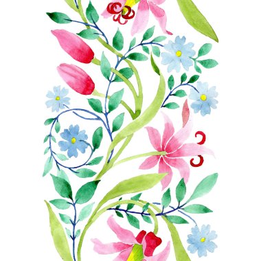 Pembe ve mavi çiçek botanik çiçek süsleme. Suluboya arka plan illüstrasyon küme. Sorunsuz arka plan deseni.