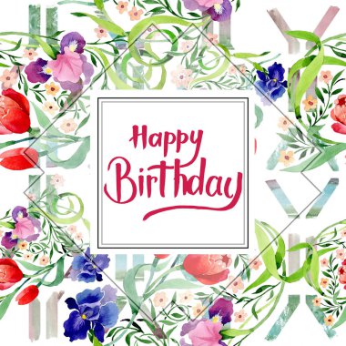 Süsen ve Lale botanik çiçek süsleme. Suluboya arka plan illüstrasyon küme. Çerçeve kenarlığı süsleme Meydanı.