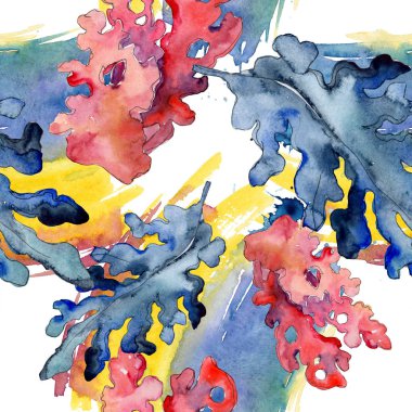 Kırmızı ve mavi su sualtı doğa mercan kayalığı. Suluboya resim kümesi. Sorunsuz arka plan deseni.