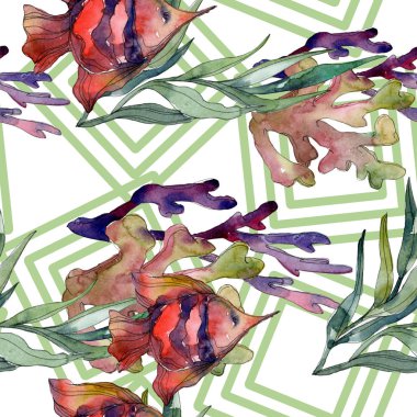 Kırmızı ve mavi su sualtı doğa mercan kayalığı. Suluboya resim kümesi. Sorunsuz arka plan deseni.