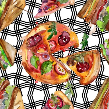 Bir suluboya tarzında sandviç. Suluboya lokanta illüstrasyon öğesi. Sorunsuz arka plan deseni.