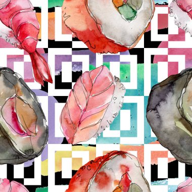 Güzel lezzetli Japon yemekleri illüstrasyon suluboya suşi kümesi. Sorunsuz arka plan deseni.