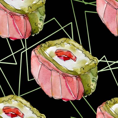 Güzel lezzetli Japon yemekleri illüstrasyon suluboya suşi kümesi. Sorunsuz arka plan deseni.