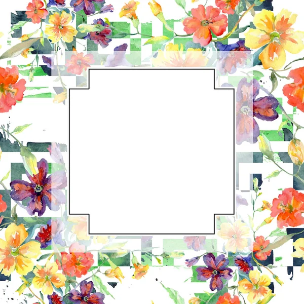 Blumenstrauß rote und gelbe botanische Blumen. Aquarell Hintergrundillustration Set. Rahmen Rand Ornament Quadrat. — Stockfoto
