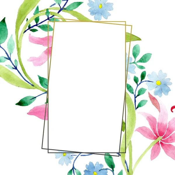 Орнамент з рожевих і синіх квіткових ботанічних квітів. Набір ілюстрацій для акварельного фону. Каркасна площа прикордонного орнаменту . — стокове фото
