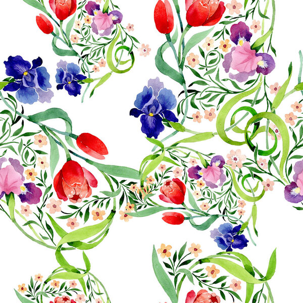 Irises and tulips ornament floral botanical flower. Watercolor background illustration set. Seamless background pattern.