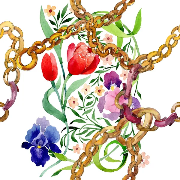 Irissen en tulpen ornament floral botanische bloem. Aquarel achtergrond afbeelding instellen. Naadloze achtergrondpatroon. — Stockfoto