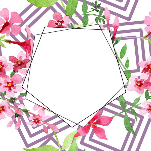 Pink phlox foral botanical flower. Watercolor background illustration set. Frame border ornament square.