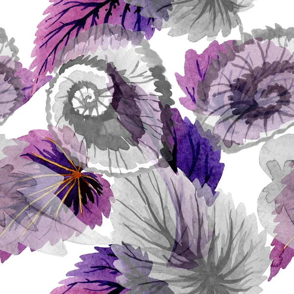 Begonia green and purple leaves. Watercolor background illustration set. Seamless background pattern.