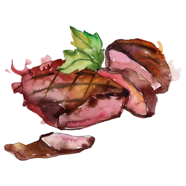 Grilled steak tasty food in a watercolor style set. Aquarelle food illustration for background. Isolated steak element.