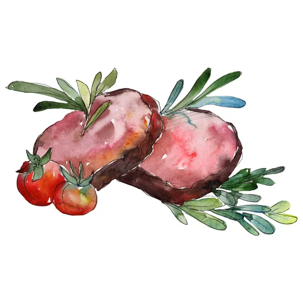 수채화 스타일 모음에 구운된 스테이크 맛 있는 음식. 배경에 대 한 해당 음식 그림입니다. 격리 된 스테이크 요소. — 스톡 사진